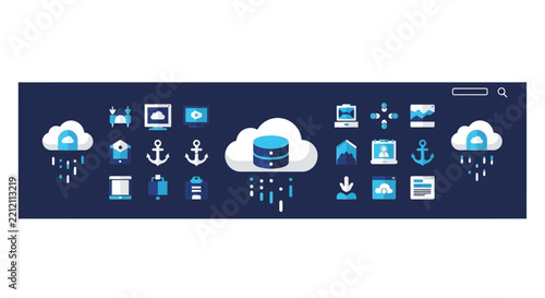 Cloud Computing and Database Management Flat Icon Set for Web Technology