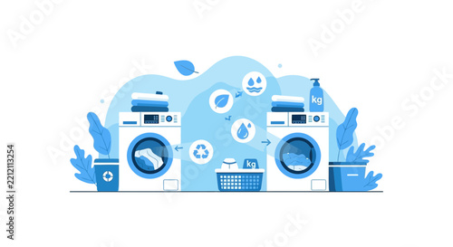 Eco-Friendly Laundry Illustration Featuring Energy-Efficient Washing Machines and Sustainable Cleaning Icons