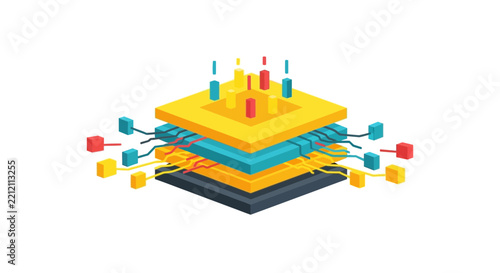 Isometric abstract microchip with data nodes and layered architecture