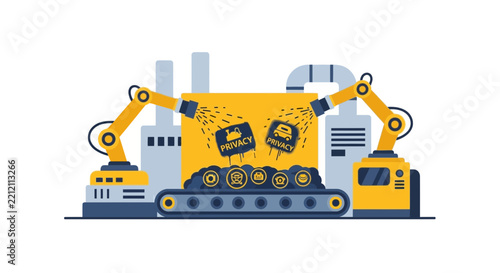 Automated industrial factory production line stamping privacy protection on digital data icons.