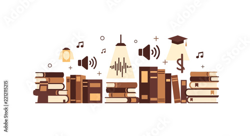 Audiobooks and E-learning Concept Illustration with Stacks of Books and Sound Icons