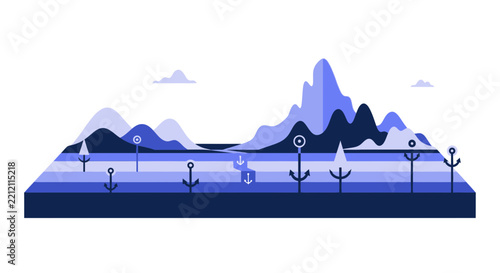 Abstract Nautical Landscape Illustration with Anchors and Mountains