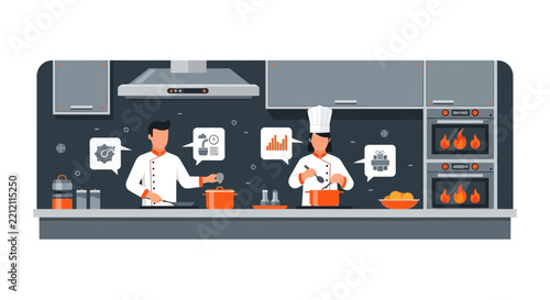 Professional Chefs Managing Modern Smart Kitchen with Data Analytics and Process Optimization Icons