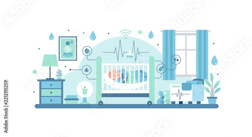 Smart Nursery Concept with Baby Sleeping in Crib and Digital Health Monitoring Sensors