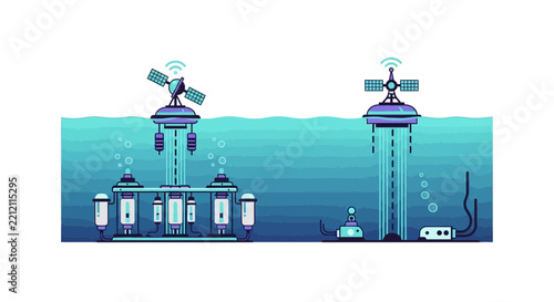 Underwater Data Center and Subsea Satellite Buoy Vector Illustration