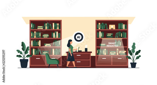 AI Powered Smart Library and Digital Information Retrieval Vector Illustration