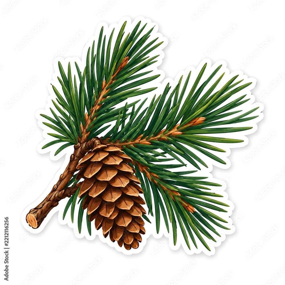 Fototapeta premium Pine Branch with Pine Cone Flat Vector Illustration Die Cut Sticker on White Background