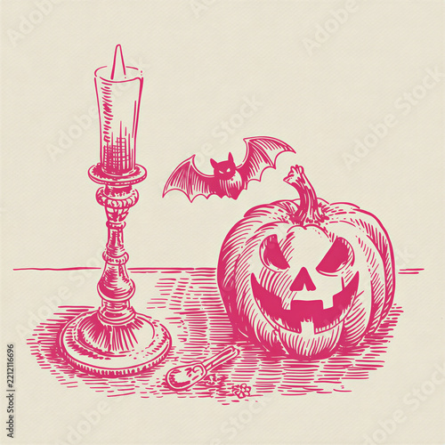 Halloween pumpkin with a spooky face, candle, and bat illustration