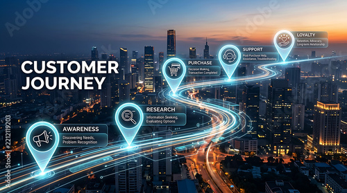 Modern Cityscape Infographic Illustrating the Comprehensive Customer Journey Stages