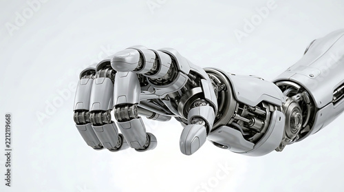 Close-up of a futuristic robotic hand reaching forward against a white background