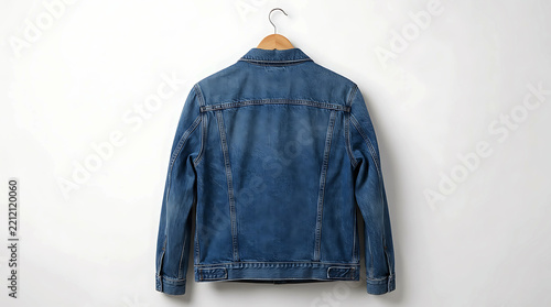 Blue denim jacket hanging on a wooden hanger against a plain white wall
