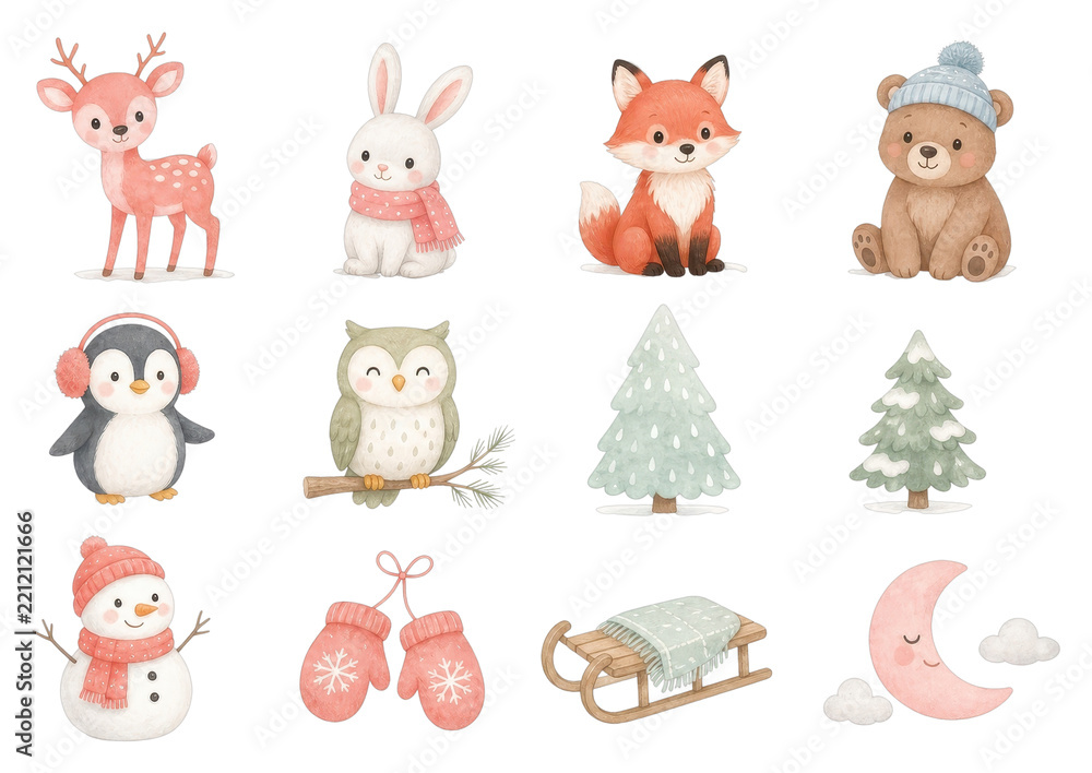 Fototapeta premium PNG watercolor winter woodland animals and sled, transparent background.