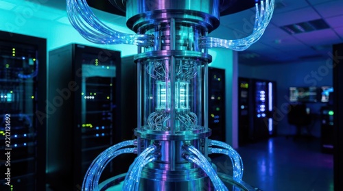 Advanced quantum computer with glowing blue lights in a server room