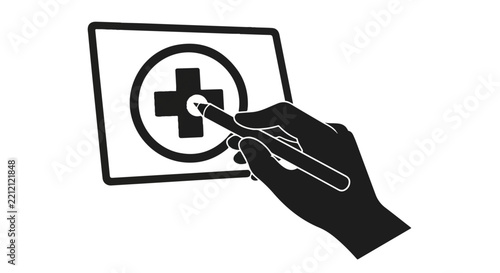 A simplified silhouette of a human hand holding a digital stylus, touching a large circular medical cross icon on a flat screen, highlighting user interaction with health data, minimalist flat