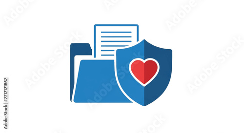 A large bold blue shield icon protecting a digital document folder that contains a red heart symbol, representing health data privacy and security, minimalist flat vector artwork, clipart style,