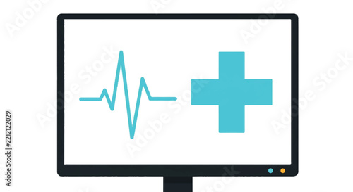 A flat digital monitor screen displaying a continuous cyan EKG pulse line and a large medical plus symbol, representing real-time vital sign tracking, minimalist flat vector artwork, clipart
