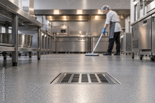 Clean kitchen floor drain with a worker cleaning in the background