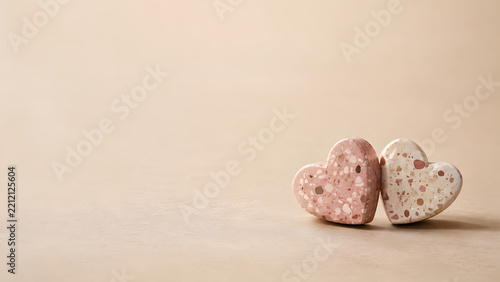 Two decorative heart shaped objects in pink and white colors, made of terrazzo material, evoke sense of love and warmth
