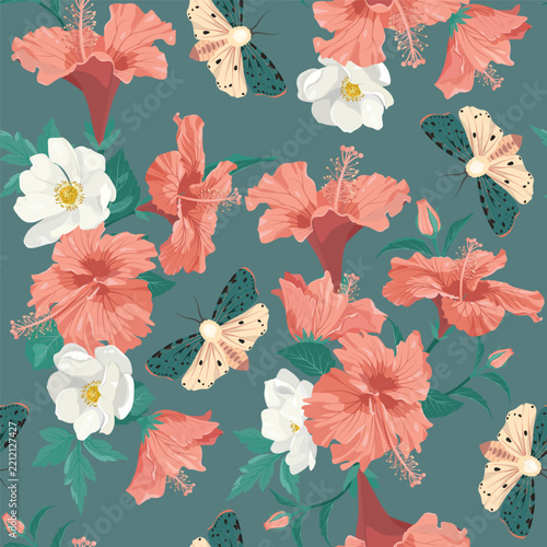 This seamless pattern features hibiscus flowers and stylized moths, making it perfect for textile decoration and packaging.