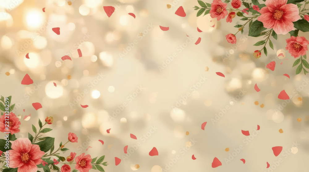 Fototapeta premium Floral festive background with golden sunlight and red petal