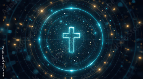 Futuristic religious background featuring glowing cross and cosmic light