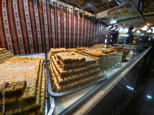 Arabic delight, various type arranged like pyramid in a glass display.