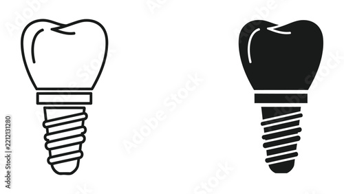 Dental implant vector icon set in outline and solid black graphical styles