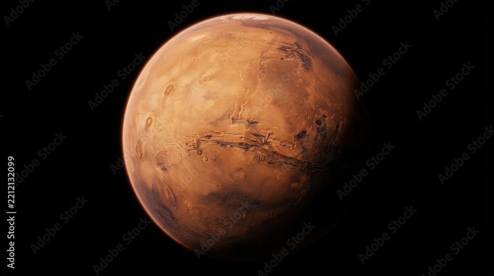 Fototapeta premium Illustration of the planet mars against a deep black space background with solar system red planet celestial body space exploration science fiction planet surface outer space starry