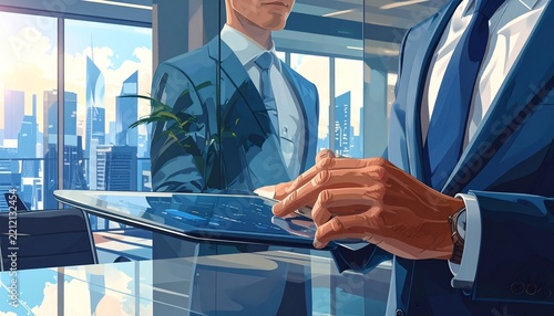 A professional businessman works at a desk in a modern office.