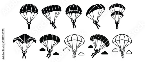 Set of ten skydiver and parachutist silhouettes performing extreme sports activities with extreme sport skydiving silhouette air sports sport icon skydiver parachutist
