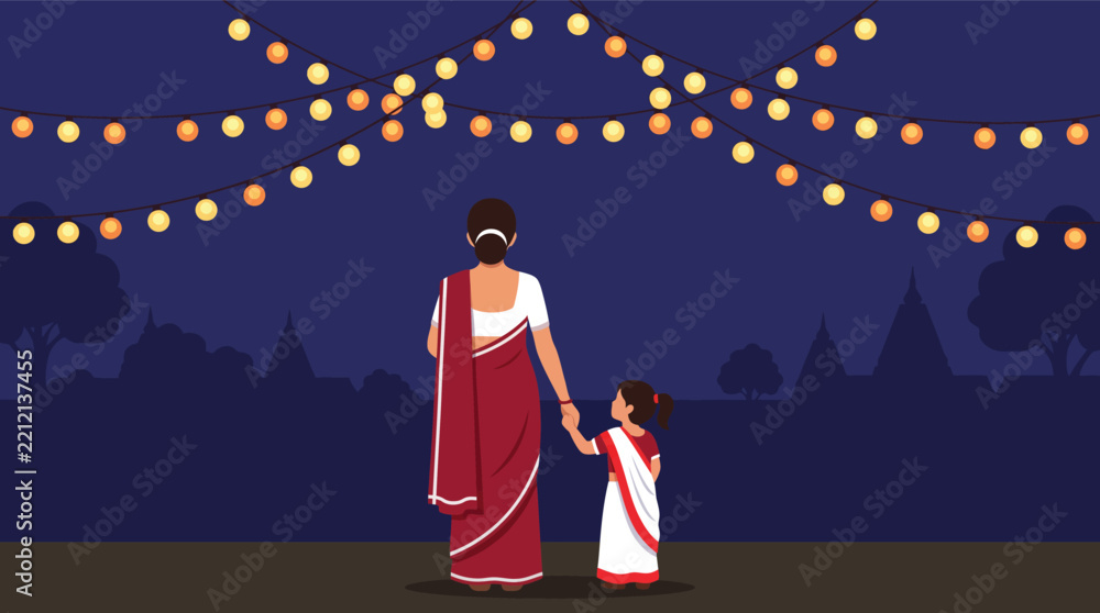Obraz premium Mother and daughter watching decorative string lights at night during diwali or durga puja celebration wearing traditional indian saree garments and hairstyle.