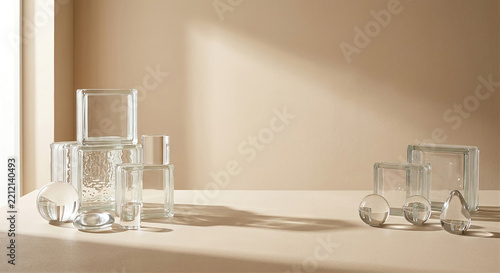 Minimalist commercial background featuring transparent glass blocks and smooth rounded glass objects on a warm beige matte surface, soft morning sunlight creating elegant natural shadows, subtle cream