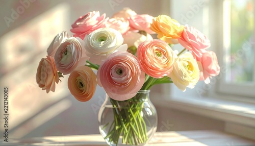 A bouquet of colorful ranunculus flowers sits in a glass vase.