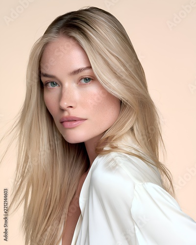Beautiful young woman with blonde hair and blue eyes, soft makeup, and silk clothing