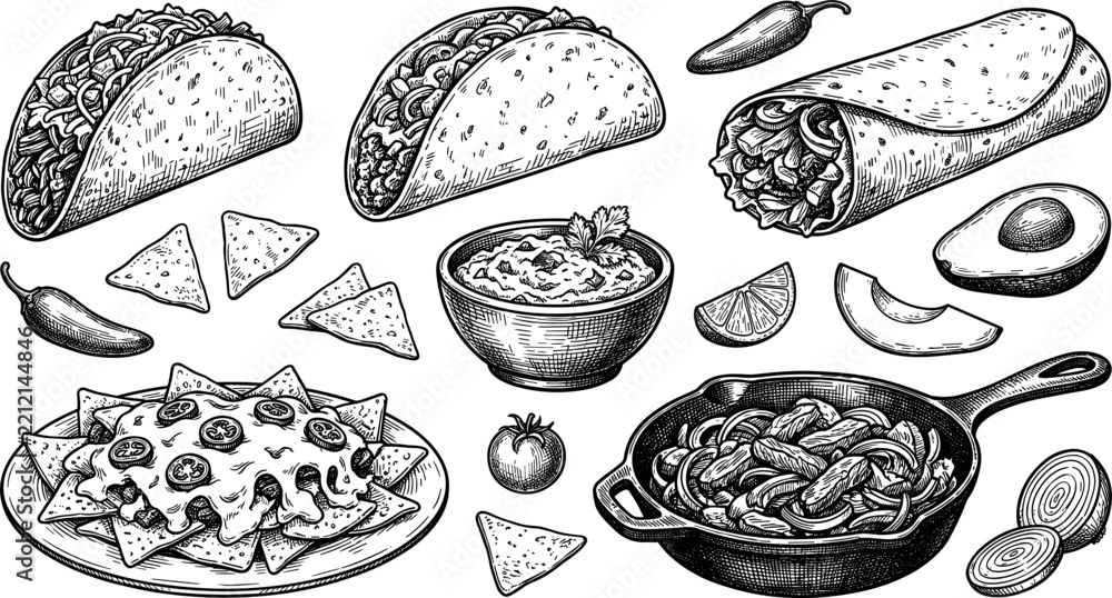 Fototapeta premium Vintage Mexican Food Hand Drawn Sketch Set Featuring Tacos Burrito Nachos Fajitas Guacamole Avocado Jalapeno Tortilla Chips and Traditional Restaurant Menu Vector Elements