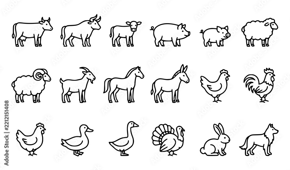 Obraz premium Farm Animals Cow Pig Sheep Goat Chicken and Horse Line Icons Set