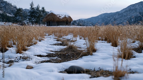 Snowy Mountain Landscape with Blue Sky and Pine Trees / 青空と松の木の雪山の風景