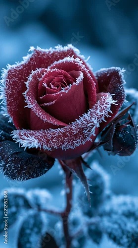 Cinematic Slow Camera Push In on a Static Dark Red Rose Covered in Sharp Ice Crystals