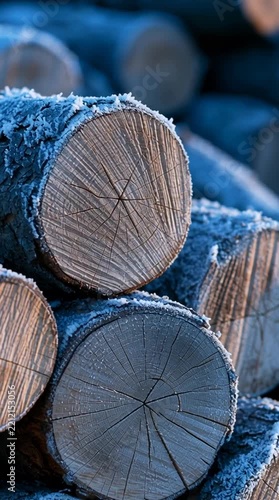 Cinematic Slow Camera Push In on Static Stacked Firewood Covered in Morning Frost