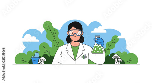 Female scientist holding laboratory flask with green liquid in nature background, flat vector illustration for biotechnology and environmental science concepts.