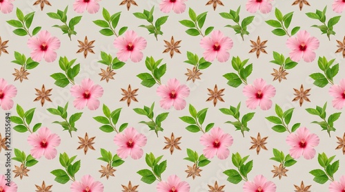 Pink Hibiscus Flowers with Green Leaves and Star Anise on Light Background