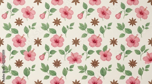 Floral Pattern with Pink Hibiscus Flowers Green Leaves and Brown Star Anise on White Background