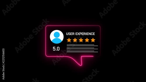 Neon Pink Speech Bubble with User and Five Star Rating Displaying 5.0 Score on Black Background with Glowing Outline and Stars