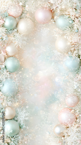 Festive Christmas background with pastel ornaments and snowflakes