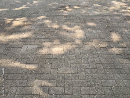 Wide surface of a grey paving block street largely covered by tree shadows under bright sunlight