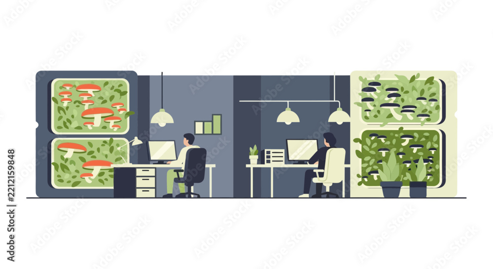 Fototapeta premium Flat vector illustration of a sustainable office with vertical mushroom farming and employees at desks.