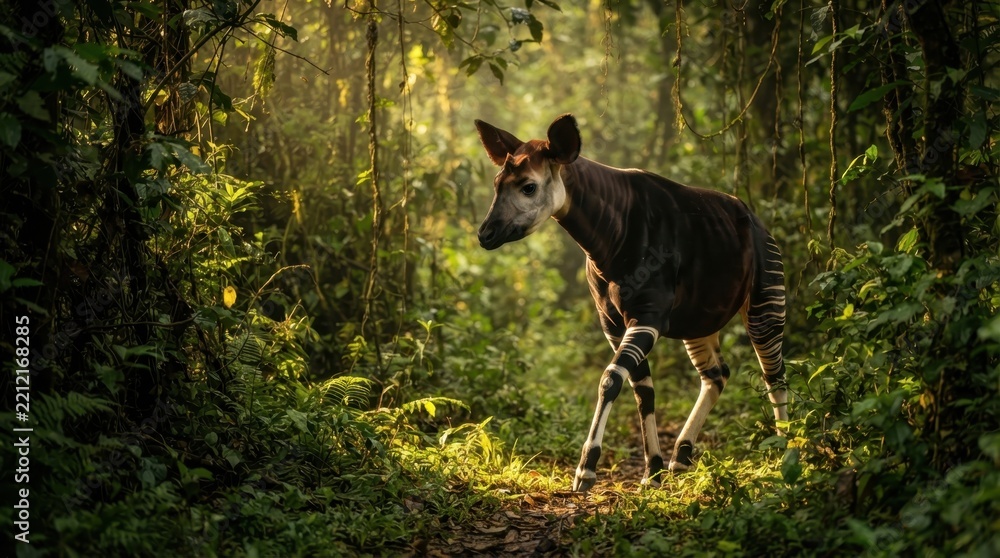 Naklejka premium An okapi walks through the lush green foliage of a dense tropical rainforest in golden sunlight