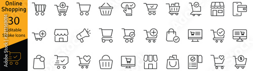 Online Shopping and E-Commerce Line Icons Set – Shopping Cart, Checkout, Retail Store and Delivery Symbols. Editable Strokes.