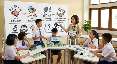 Asian teacher and students discussing project with critical thinking infographic on whiteboard