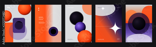 Five modern posters presenting various colored geometric shapes like circles squares and stars on gradients